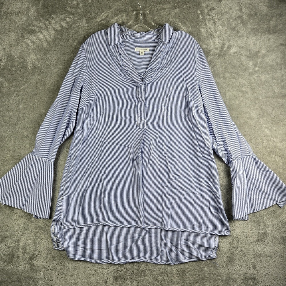 Beach Lunch Lounge Popover Top Womens Medium Blue‎ White Striped Bell Sleeve